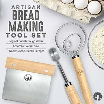 LHU Bread Making Tools and Supplies - Set of 3 - Danish Dough Whisk, Bread Lame, Bench Scraper - Dough Hook with Bread Scraper, Lame Bread Tool, Blades - Great for Baking Sourdough, Pizza, Pastry
