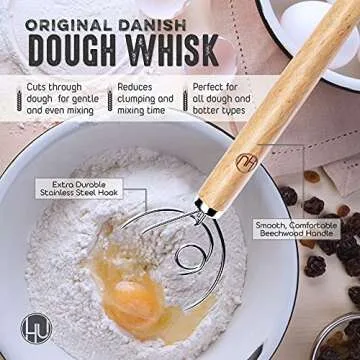 LHU Bread Making Tools and Supplies - Set of 3 - Danish Dough Whisk, Bread Lame, Bench Scraper - Dough Hook with Bread Scraper, Lame Bread Tool, Blades - Great for Baking Sourdough, Pizza, Pastry