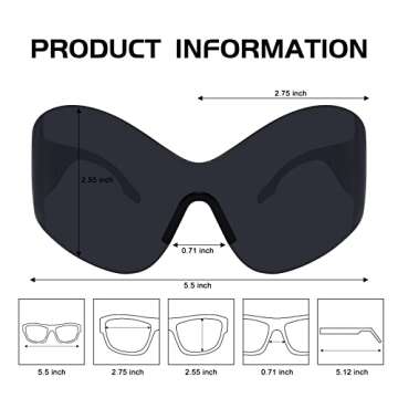 Crazy Feng Oversized Futuristic Sunglasses For Women Men,Fashion Rimless Y2k Sunglasses Trendy Shield Wrap Around Sunglasses Black Shades