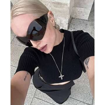 Crazy Feng Oversized Futuristic Sunglasses For Women Men,Fashion Rimless Y2k Sunglasses Trendy Shield Wrap Around Sunglasses Black Shades