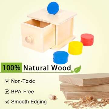 Adena Montessori Coin Box,Object Permanence Box Toys for 1 Year Old Baby Coins,Wooden Montessori Ball Drop Developmental Toys for 6-12 Month Infant Toys,Learning Kids Gifts(Typical Drawer Comes Out)