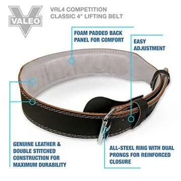 Valeo VRL4 4" Padded Leather Weightlifting Belt - Black