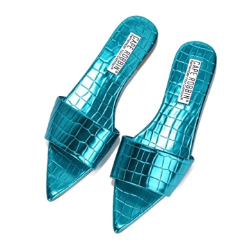 Cape Robbin Women's Chic Metal Snake Print Flat Slide Sandals - BONITE Blue 8