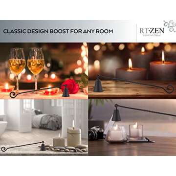 RTZEN Antique Bell Candle Snuffer - Handcrafted Decorative Rustic Wrought Iron Candle Extinguisher Candlesnuffer with Long Handle - Unique Black Matte Farmhouse Decor Accessories Gift