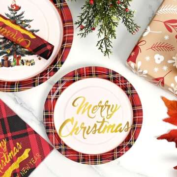 Homlouue 150 PCS Merry Christmas Plates and Napkins, Christmas Tree Paper Plates Gold Foil Christmas...