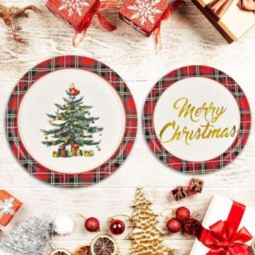 Homlouue 150 PCS Merry Christmas Plates and Napkins, Christmas Tree Paper Plates Gold Foil Christmas Napkins, Christmas Party Supplies Christmas Disposable Dinnerware Set for Holiday Party Serves 50