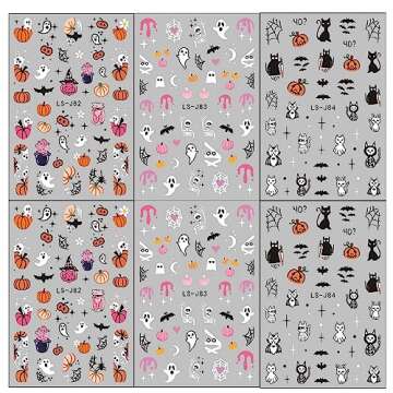 Halloween Nail Art Stickers Cute Ghost Pumpkin 3D Self-Adhesive Nail Decals Bat Cat Skull Designs Na...