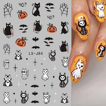 Halloween Nail Art Stickers Cute Ghost Pumpkin 3D Self-Adhesive Nail Decals Bat Cat Skull Designs Nail Decorations Halloween DIY Manicure Supplies for Women Girls&Kids 6Pcs