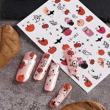 Halloween Nail Art Stickers Cute Ghost Pumpkin 3D Self-Adhesive Nail Decals Bat Cat Skull Designs Nail Decorations Halloween DIY Manicure Supplies for Women Girls&Kids 6Pcs
