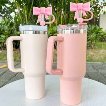4Pcs Bow Straw Covers Cap for Stanley 20 30&40 Oz Cup, Pink Straw Toppers for Stanley 40 Oz Tumbler ...