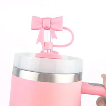 4Pcs Bow Straw Covers Cap for Stanley 20 30&40 Oz Cup, Pink Straw Toppers for Stanley 40 Oz Tumbler with Handle, Dust-Proof Straw Caps
