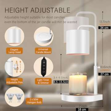 zukakii Candle Warmer Lamp Adjustable Height Dimmable Candle Lamp Warmer with Timer Compatible with ...