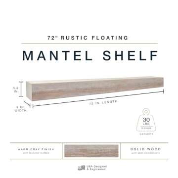 MCS 60-Inch Mantel, Master & Co Warm Gray Finsh Solid Wood Floating Fireplace Mantel, Long Floating Shelf for Livingroom with Wood Cleat Hanging System, Photo and Home Decor Display Shelf