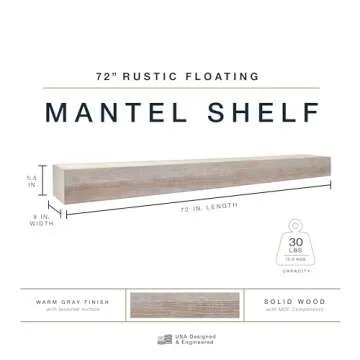 MCS 60-Inch Mantel, Master & Co Warm Gray Finsh Solid Wood Floating Fireplace Mantel, Long Floating Shelf for Livingroom with Wood Cleat Hanging System, Photo and Home Decor Display Shelf