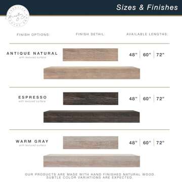 MCS 60-Inch Mantel, Master & Co Warm Gray Finsh Solid Wood Floating Fireplace Mantel, Long Floating Shelf for Livingroom with Wood Cleat Hanging System, Photo and Home Decor Display Shelf