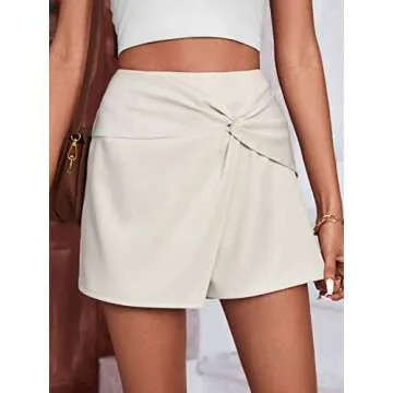 WDIRARA Women's High Waist Twist Front Wrap Asymmetrical Hem Skort Shorts Beige S