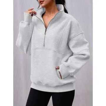 AUTOMET Women's Half Zip Oversized Sweatshirts Fleece Pullover Long Hoodies Casual Mock Turtleneck Sweaters with Pockets Grey S
