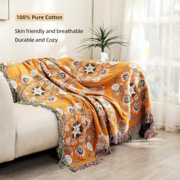 Large Boho Organic Cotton Throw Blanket - Soft Cozy Gift