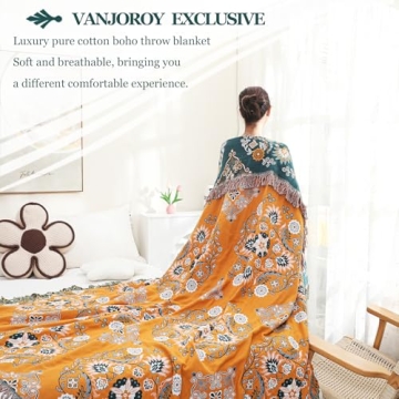Large Boho Organic Cotton Throw Blanket - Soft Cozy Gift