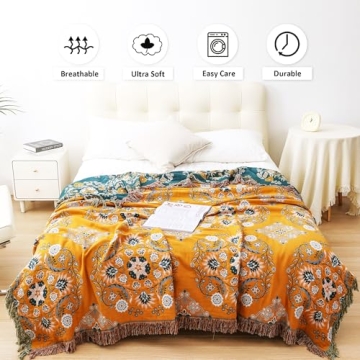 Large Boho Organic Cotton Throw Blanket - Soft Cozy Gift