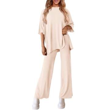 PRETTYGARDEN Women's 2 Piece Outfits Casual Short Sleeve Pullover Tops and Wide Leg Pants Lounge Sets Tracksuits (Beige,Large)