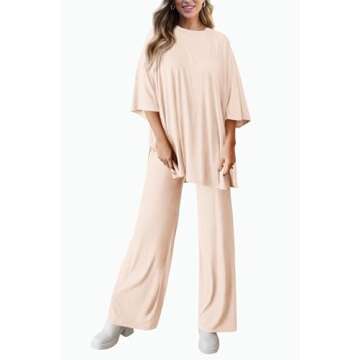 PRETTYGARDEN Women's 2 Piece Outfits Casual Short Sleeve Pullover Tops and Wide Leg Pants Lounge Sets Tracksuits (Beige,Large)