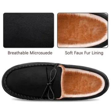 shoeslocker Men's Slippers Warm Soft Plush Memory Foam House Slippers for Men Comfortable Bedroom Moccasin Slippers Non-Slip Indoor Outdoor Black Size 10.5