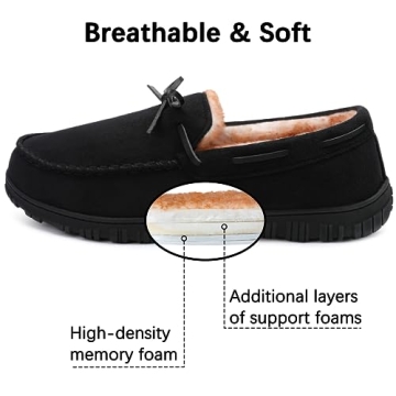 shoeslocker Men's Slippers Warm Soft Plush Memory Foam House Slippers for Men Comfortable Bedroom Moccasin Slippers Non-Slip Indoor Outdoor Black Size 10.5