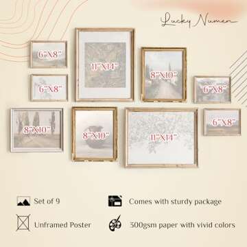 Set 9 Vintage Wall Decor French Country Gallery Wall Art - Vintage Art Wall Decor, Sketch Poster Lan...