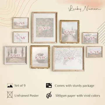 Set 9 Vintage Wall Decor French Country Gallery Wall Art - Vintage Art Wall Decor, Sketch Poster Lan...