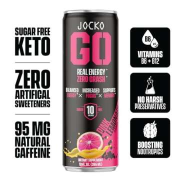 Jocko GO Energy Drink - KETO, Vitamin B12, Vitamin B6, Electrolytes, L Theanine, Magnesium- All Natural Energy Boost, Sugar Free Nootropic Monk Fruit Blend - 12 Pack (Pink Lemonade)