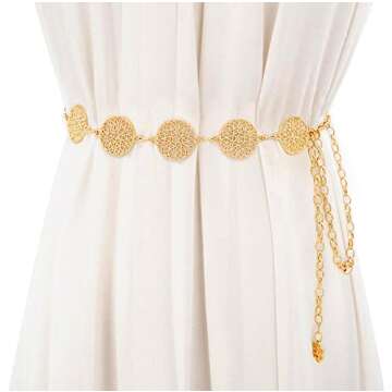 Glamorstar Chain Belts for Women Hollow Metal Waist Chain Belts Dress Belt for Her Circle Gold 130CM