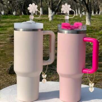 ANLABESY Compatible with Stanley Cup Accessories, 2PCS Butterfly Letter Charms with 4PCS 10mm Stanley Straw Cover Cap for Stanley Cup 30&40 Oz, Silicone Stanley Straw Toppers for Stanley Tumbler(A)