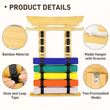 Tilhumt Karate Belt Display Rack, 8 Belt Taekwondo Belt Display with Stickers, Martial Arts Belt Display with Medals Hanger, Great Gift for Adults, Teenagers, Kids