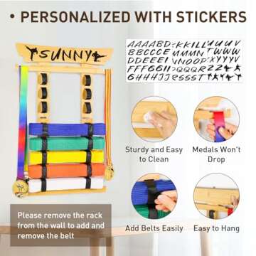Tilhumt Karate Belt Display Rack, 8 Belt Taekwondo Belt Display with Stickers, Martial Arts Belt Display with Medals Hanger, Great Gift for Adults, Teenagers, Kids