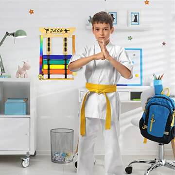 Tilhumt Karate Belt Display Rack, 8 Belt Taekwondo Belt Display with Stickers, Martial Arts Belt Display with Medals Hanger, Great Gift for Adults, Teenagers, Kids