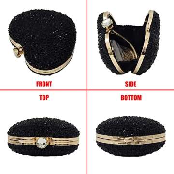 Cute Heart Shape Clutch Purse Mini Love Heart Rhinestone Wedding Handbag Party Women Purse(Black)