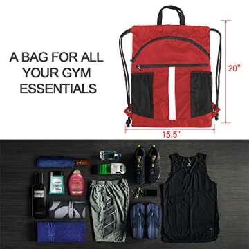 BeeGreen Red Drawstring Backpack Bag w Water Bottle Pockets Large String Workout Bag Sackpack w Zipp...