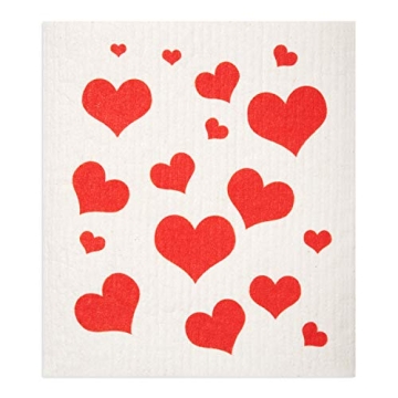GMIcréatifs Swedish Dishcloths 2 Pack Red Flying Hearts Print Reusable Sponges Kitchen Cleaning Cloth Dish Scrubber, Machine Washable, Measures 7.87”x6.88 inches.