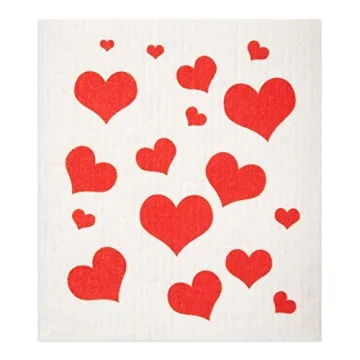 GMIcréatifs Swedish Dishcloths 2 Pack Red Flying Hearts Print Reusable Sponges Kitchen Cleaning Cloth Dish Scrubber, Machine Washable, Measures 7.87”x6.88 inches.