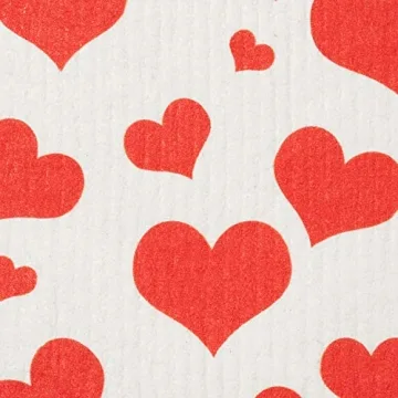 GMIcréatifs Swedish Dishcloths 2 Pack Red Flying Hearts Print Reusable Sponges Kitchen Cleaning Cloth Dish Scrubber, Machine Washable, Measures 7.87”x6.88 inches.