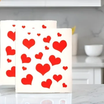 GMIcréatifs Swedish Dishcloths 2 Pack Red Flying Hearts Print Reusable Sponges Kitchen Cleaning Cloth Dish Scrubber, Machine Washable, Measures 7.87”x6.88 inches.