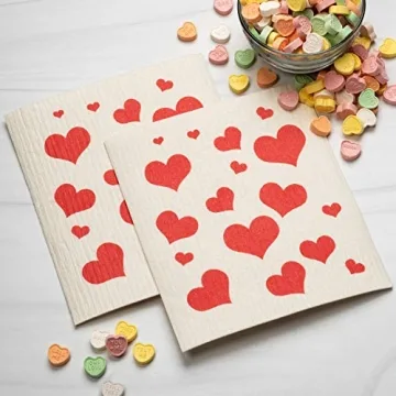 GMIcréatifs Swedish Dishcloths 2 Pack Red Flying Hearts Print Reusable Sponges Kitchen Cleaning Cloth Dish Scrubber, Machine Washable, Measures 7.87”x6.88 inches.