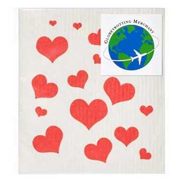 GMIcréatifs Swedish Dishcloths 2 Pack Red Flying Hearts Print Reusable Sponges Kitchen Cleaning Cloth Dish Scrubber, Machine Washable, Measures 7.87”x6.88 inches.