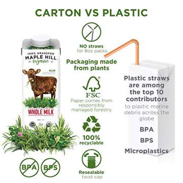 Maple Hill Shelf Stable Whole White Milk 100% Grass Fed, Organic, Non-GMO: 12 Pack 8 Fl Oz Aseptic Milk Boxes