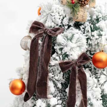 Keypan Brown Velvet Ribbon 2-1/2 Inch x 6 Yd Handmade Frayed Vintage Wide Ribbons for Christmas Tree Home Decor Wreath Craft Ornaments Gift Wrapping