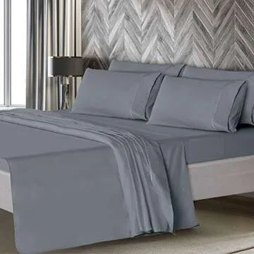 Mueller Luxury 6 PC Full Size Bed Sheets, Super Soft 1800, Deep Pocket up to 16" Full Size Sheets, Transfers Heat, Breathes Better, Hypoallergenic, Wrinkle-Resistant, Oeko-TEX, Light Grey