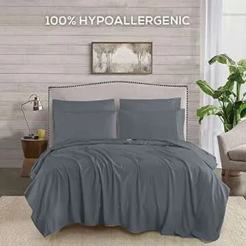 Mueller Luxury 6 PC Full Size Bed Sheets, Super Soft 1800, Deep Pocket up to 16" Full Size Sheets, Transfers Heat, Breathes Better, Hypoallergenic, Wrinkle-Resistant, Oeko-TEX, Light Grey