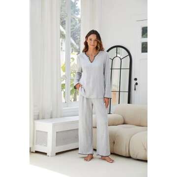 Blooming Jelly Womens 2 Piece Pajama Sets Flannel Soft Fleece Cozy Sleepwear V Neck Drawstring Loung...