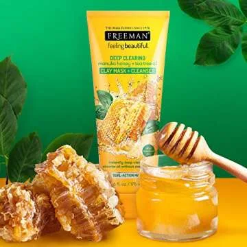 Freeman Deep Clearing Manuka Honey & Tea Tree Oil Clay Mask + Cleanser, Healing and Skin Purifying Beauty Face Mask, 6 fl oz tube/175 mL